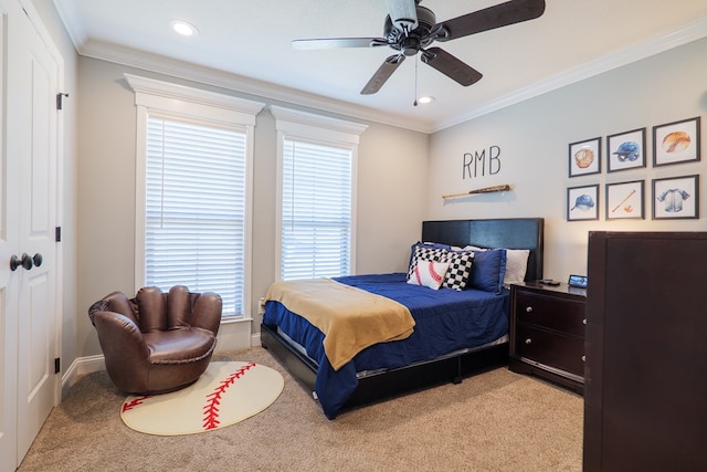 bedroom featuring crown molding, baseboards, light carpet, recessed lighting, and a ceiling fan