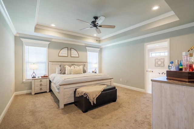 bedroom featuring a tray ceiling, multiple windows, and light carpet