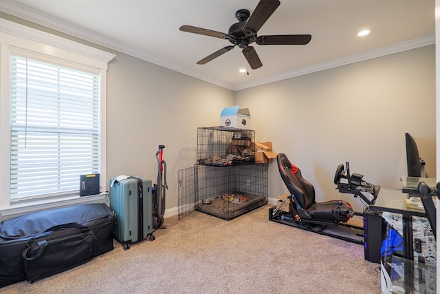 workout room with carpet, baseboards, recessed lighting, ceiling fan, and crown molding