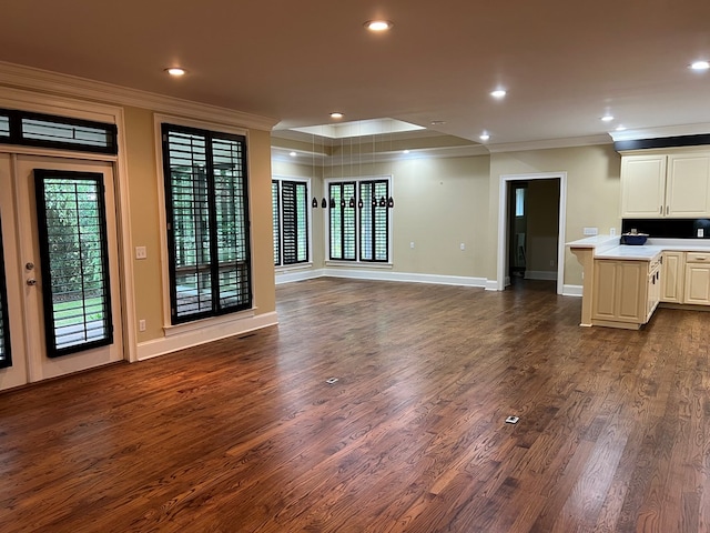 unfurnished living room featuring crown molding, french doors, and dark wood-type flooring