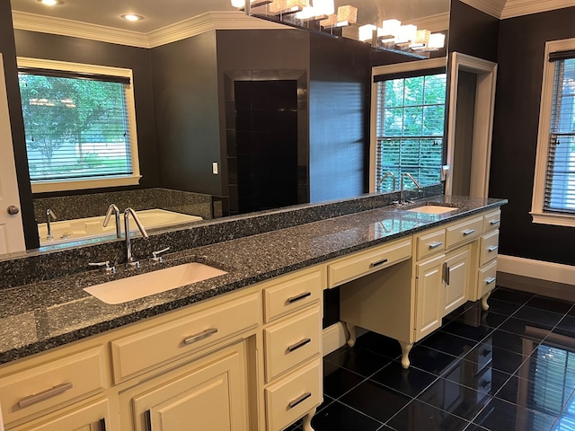 bathroom with tile patterned floors, vanity, and ornamental molding