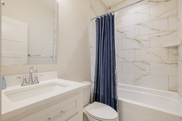 full bathroom featuring shower / bath combination with curtain, vanity, and toilet