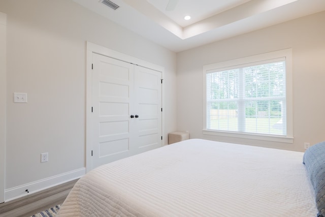 bedroom with dark hardwood / wood-style flooring, a tray ceiling, a closet, and ceiling fan