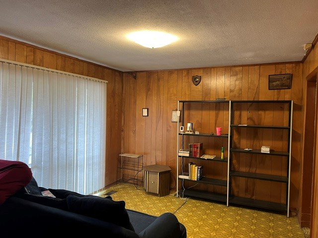 carpeted living room with a textured ceiling and wooden walls