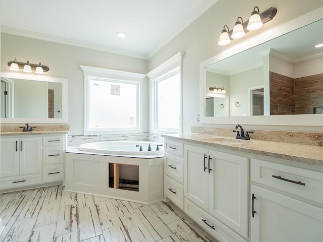 bathroom featuring a bathtub, vanity, and ornamental molding