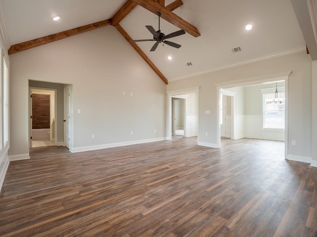 unfurnished living room featuring dark hardwood / wood-style flooring, ceiling fan with notable chandelier, crown molding, beam ceiling, and high vaulted ceiling