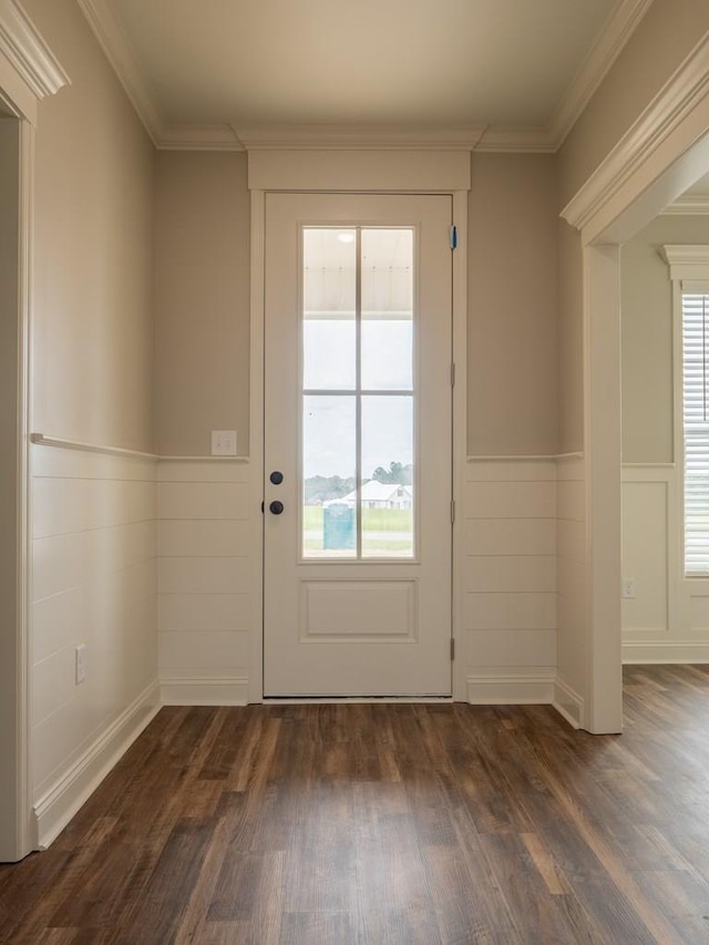 doorway with crown molding, a healthy amount of sunlight, and dark hardwood / wood-style floors