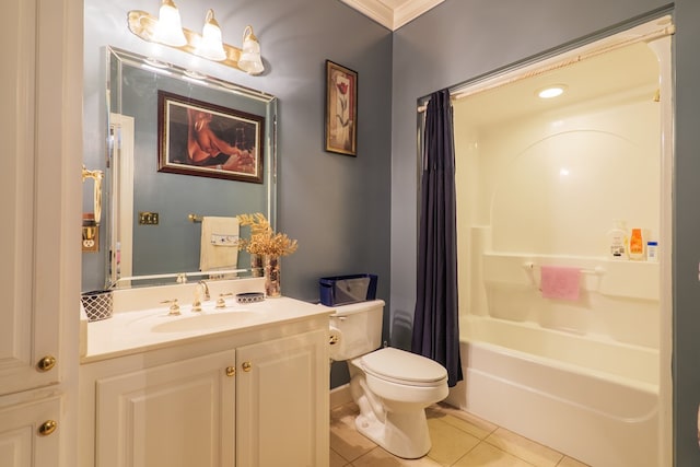 full bathroom featuring shower / bath combination with curtain, tile patterned floors, ornamental molding, vanity, and toilet