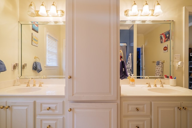 bathroom with vanity and ornamental molding