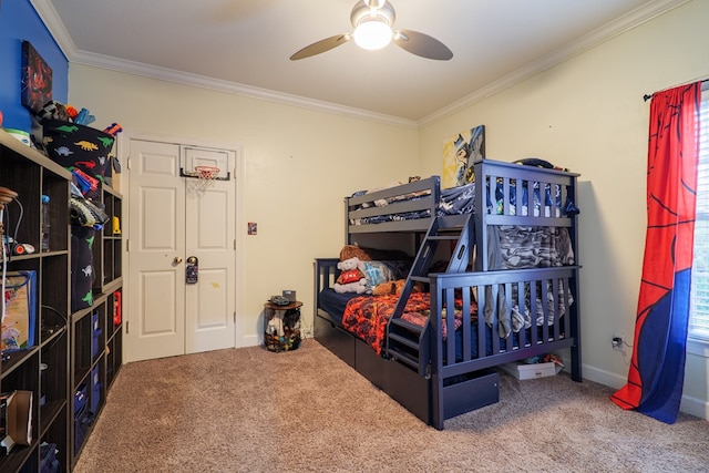 bedroom featuring carpet flooring, multiple windows, ceiling fan, and ornamental molding