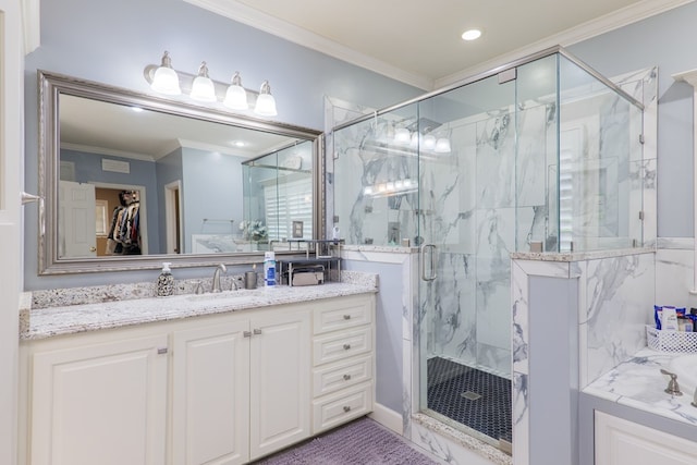 bathroom with plus walk in shower, vanity, and ornamental molding