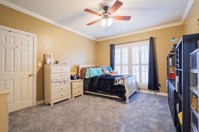 carpeted bedroom featuring ceiling fan and crown molding