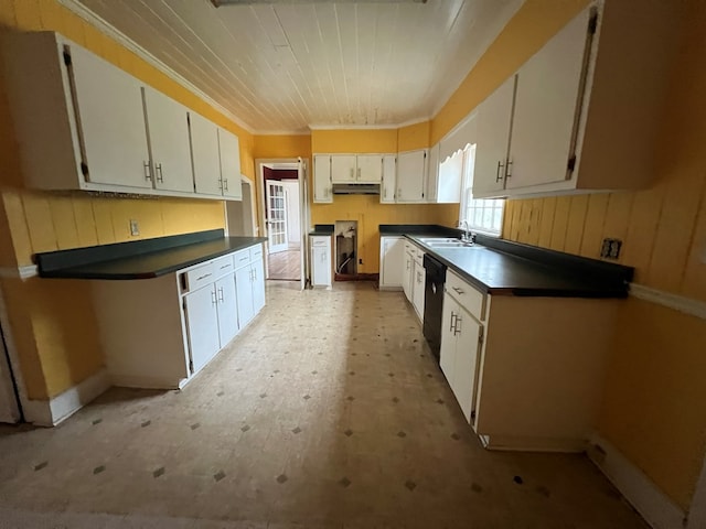 kitchen with under cabinet range hood, a sink, white cabinetry, black dishwasher, and dark countertops