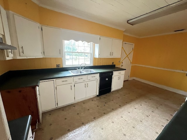 kitchen featuring light floors, dark countertops, white cabinets, a sink, and dishwasher