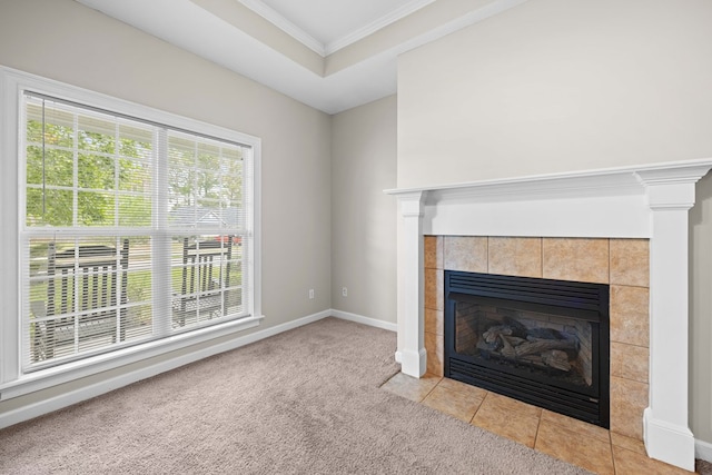 4143 Whithorn Way, Valdosta, GA 31605 - unfurnished living room with a fireplace, light colored carpet, crown molding, and baseboards