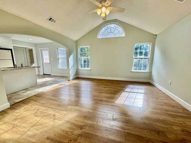 interior space featuring a wealth of natural light, vaulted ceiling, light hardwood / wood-style flooring, and ceiling fan