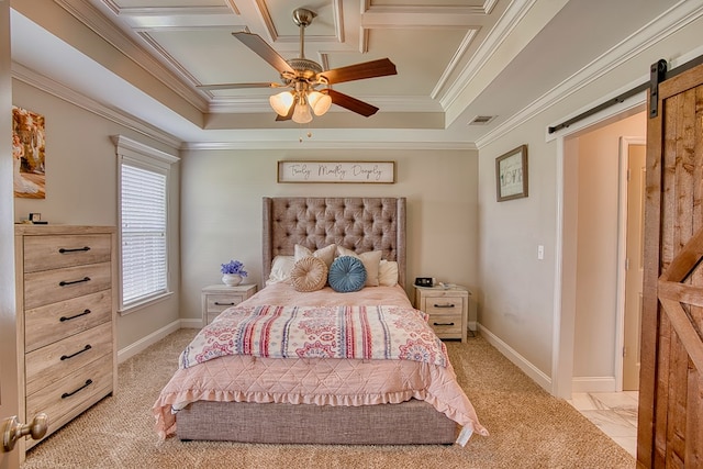 bedroom featuring a barn door, visible vents, a ceiling fan, light carpet, and ornamental molding
