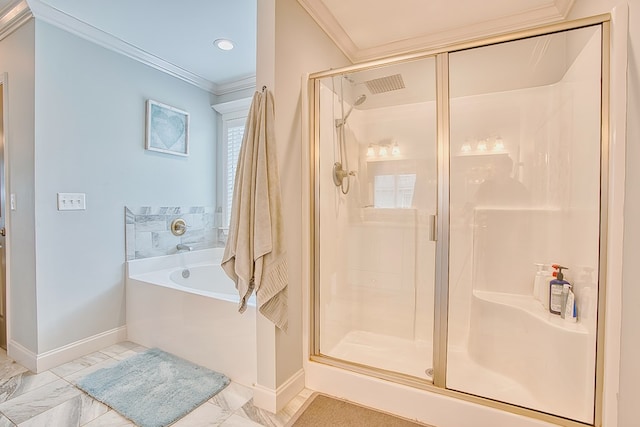 full bathroom featuring a garden tub, baseboards, ornamental molding, and a stall shower