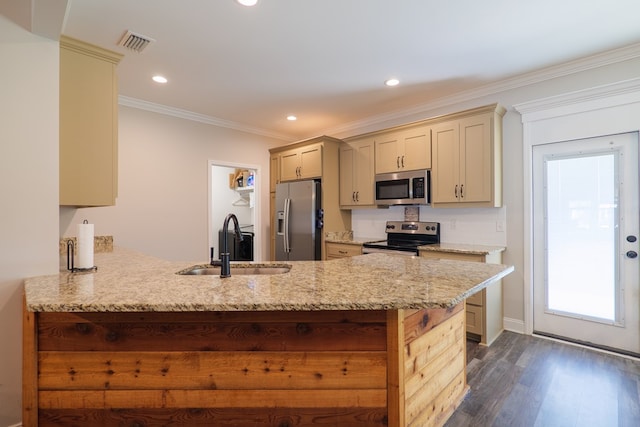 kitchen with kitchen peninsula, stainless steel appliances, dark hardwood / wood-style floors, and sink