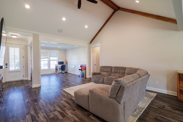 living room featuring beam ceiling, ceiling fan, dark hardwood / wood-style flooring, high vaulted ceiling, and ornamental molding