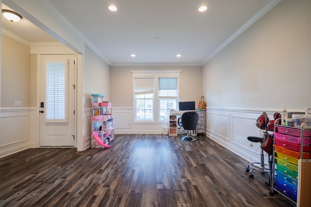 rec room featuring dark wood-type flooring and crown molding