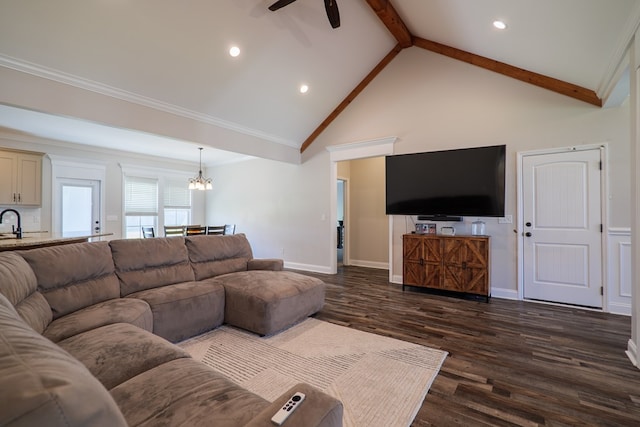 living room featuring beamed ceiling, dark wood-type flooring, ceiling fan with notable chandelier, and high vaulted ceiling