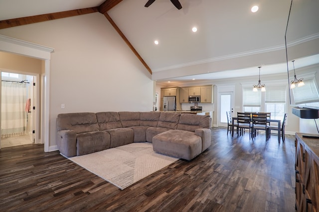 living room featuring high vaulted ceiling, ceiling fan with notable chandelier, ornamental molding, beamed ceiling, and dark hardwood / wood-style flooring