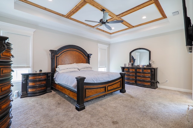 carpeted bedroom featuring beamed ceiling, ceiling fan, ornamental molding, and coffered ceiling