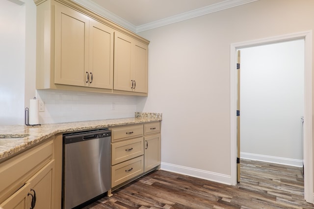 kitchen featuring dark hardwood / wood-style flooring, backsplash, light stone counters, crown molding, and dishwasher