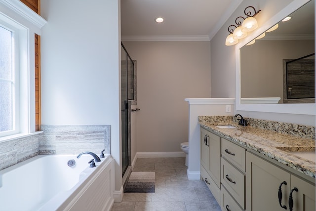 full bathroom featuring tile patterned floors, toilet, vanity, shower with separate bathtub, and ornamental molding