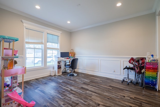 home office with dark hardwood / wood-style flooring and ornamental molding