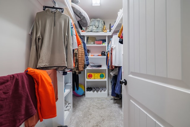 walk in closet featuring light carpet