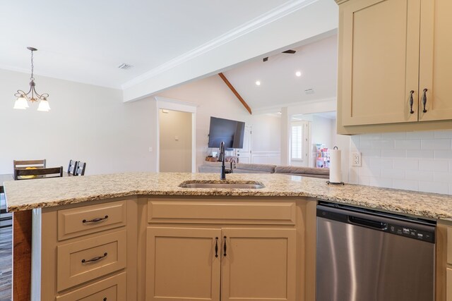 kitchen with dishwasher, an inviting chandelier, crown molding, sink, and cream cabinetry