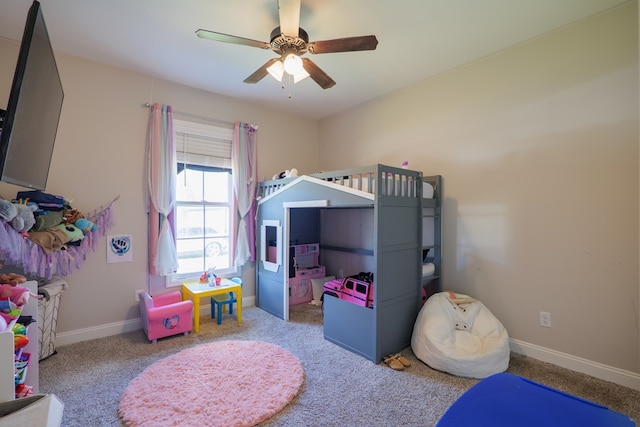 carpeted bedroom featuring ceiling fan