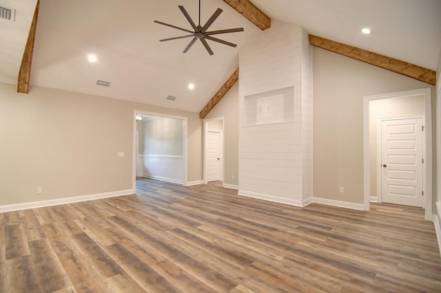 3039 Mary Powell Way, Hahira, GA 31632 - unfurnished living room featuring beamed ceiling, ceiling fan, wood finished floors, recessed lighting, and baseboards