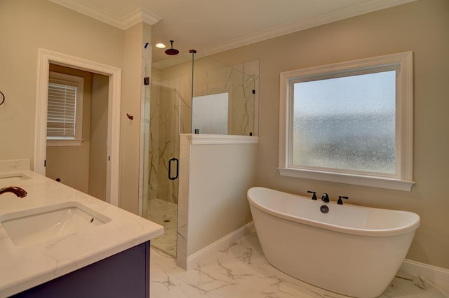 3039 Mary Powell Way, Hahira, GA 31632 - bathroom featuring marble finish floors, ornamental molding, baseboards, a marble finish shower, and a freestanding tub