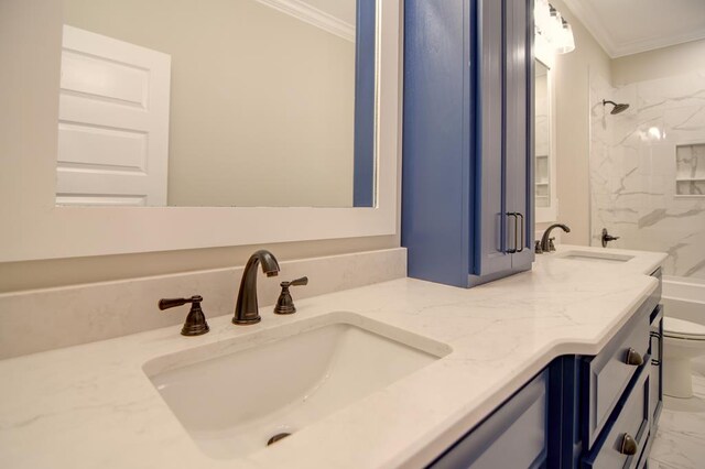 3039 Mary Powell Way, Hahira, GA 31632 - bathroom with ornamental molding, toilet, double vanity, and marble finish flooring