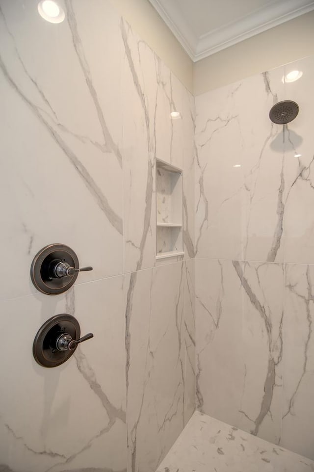 3039 Mary Powell Way, Hahira, GA 31632 - bathroom featuring a marble finish shower and ornamental molding