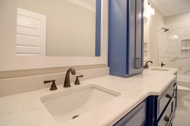 3039 Mary Powell Way, Hahira, GA 31632 - full bath with ornamental molding, toilet, marble look tile flooring, double vanity, and  shower combination