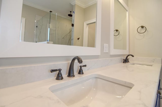 3039 Mary Powell Way, Hahira, GA 31632 - full bathroom featuring a marble finish shower, ornamental molding, and double vanity