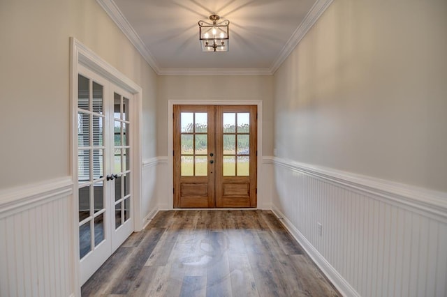 3039 Mary Powell Way, Hahira, GA 31632 - entryway featuring french doors, wainscoting, wood finished floors, a chandelier, and ornamental molding