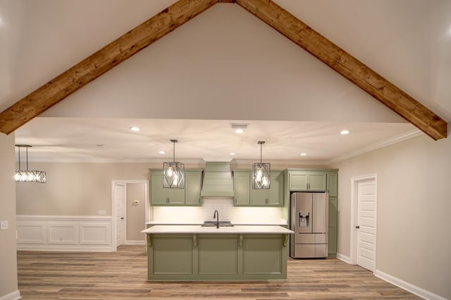 3039 Mary Powell Way, Hahira, GA 31632 - kitchen featuring green cabinetry, stainless steel refrigerator with ice dispenser, custom exhaust hood, a sink, and recessed lighting