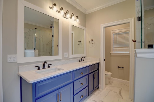 3039 Mary Powell Way, Hahira, GA 31632 - bathroom with marble look tile flooring, a marble finish shower, toilet, double vanity, and crown molding