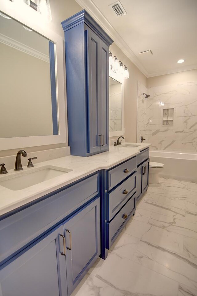 3039 Mary Powell Way, Hahira, GA 31632 - bathroom featuring marble finish floors, toilet, shower / bathtub combination, double vanity, and crown molding