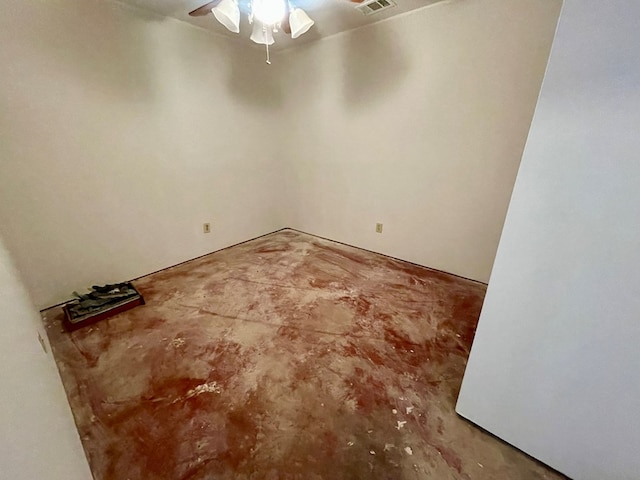 empty room featuring concrete floors, ceiling fan, and visible vents