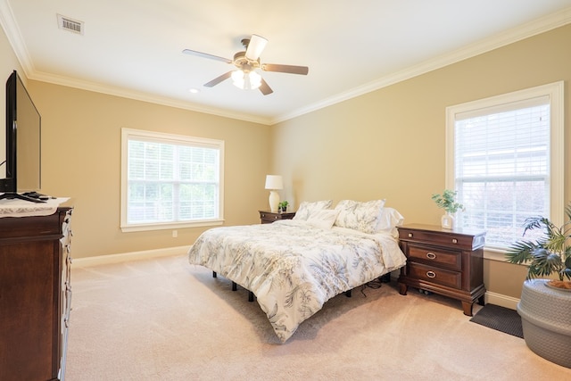 5080 Carlton Ridge Cir, Hahira, GA 31632 - bedroom with light carpet, multiple windows, ornamental molding, and ceiling fan