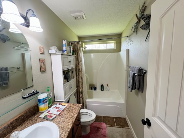5612 Emily Ln, Hahira, GA 31632 - full bathroom with vanity, shower / bathtub combination with curtain, a textured ceiling, and tile patterned flooring