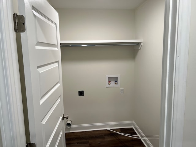 clothes washing area featuring hookup for an electric dryer, hookup for a washing machine, and dark hardwood / wood-style flooring