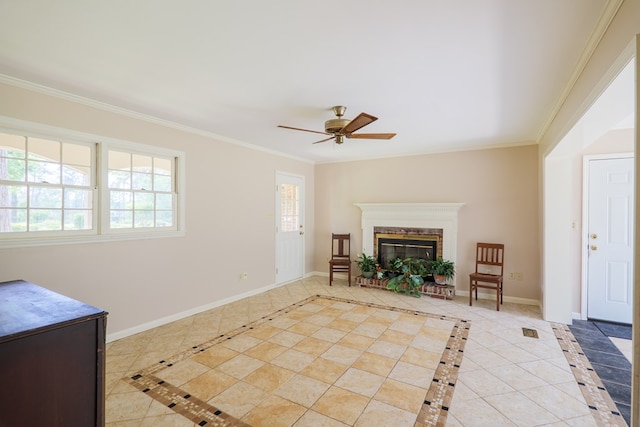 812 Tanglewood Dr, Valdosta, GA 31602 - foyer entrance featuring light tile patterned floors, inlaid floor details, a ceiling fan, crown molding, and a glass covered fireplace