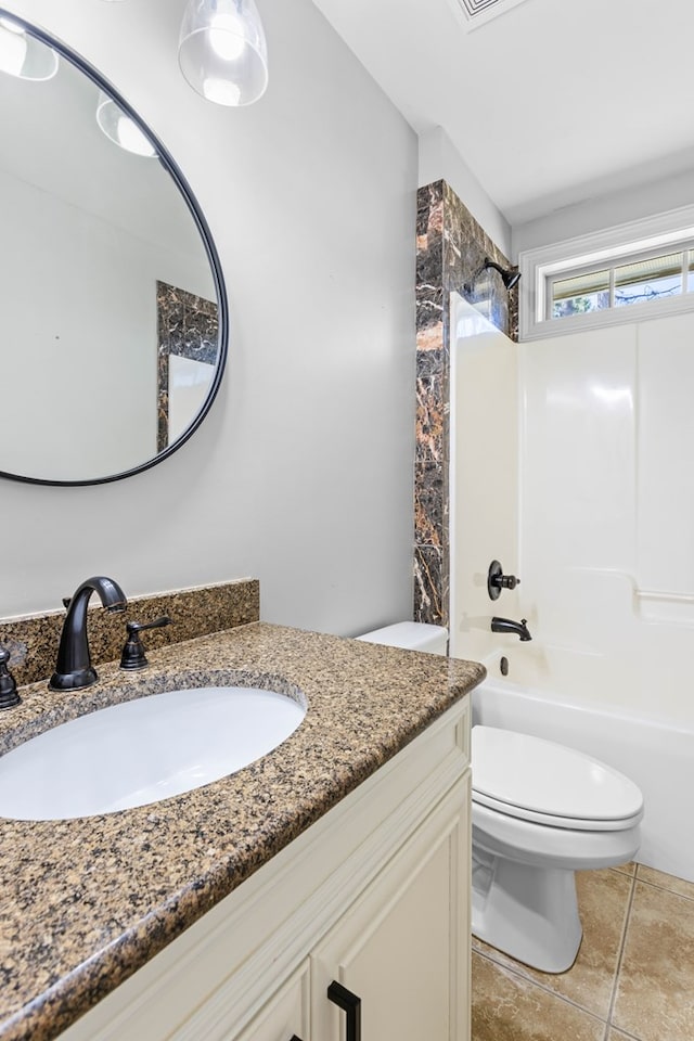 bathroom with toilet, shower / bath combination, and vanity